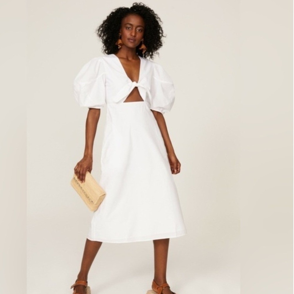 Rhode White Cotton‎ Puff Sleeve Tie Front Cutout Midi Dress Womens 12